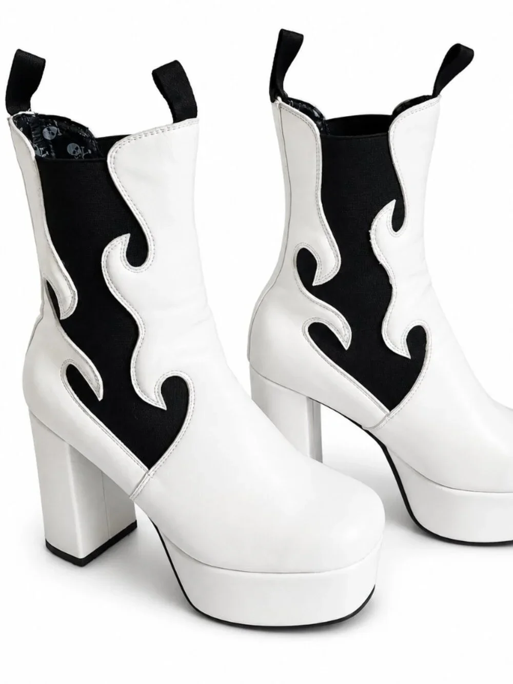 Dolls Kill White Flame Platform Chelsea Boots Women's Size 8 Gothic Chunky Heels